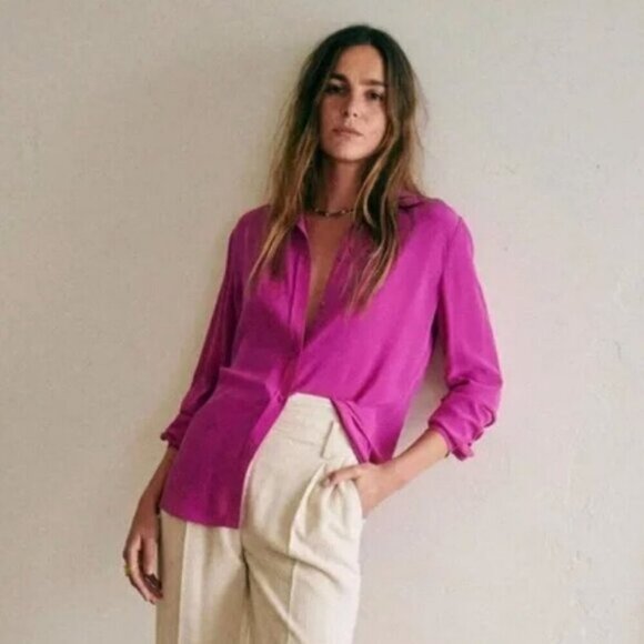 Sezane Ann 100% Silk Button Down Collared Shirt Size 44 French or US 12 Top Pink - Picture 3 of 15